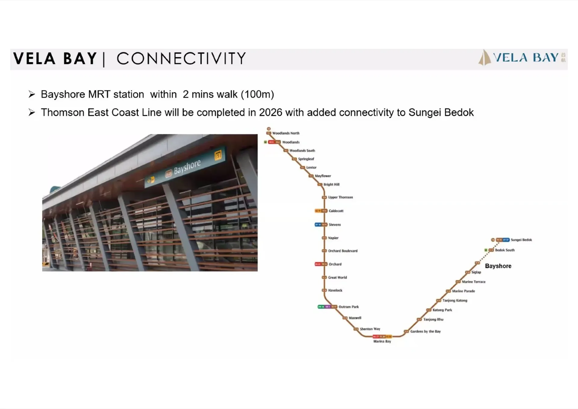 Bayshore MRT Thomson-East Coast Line connectivity showing 2-min walk to station