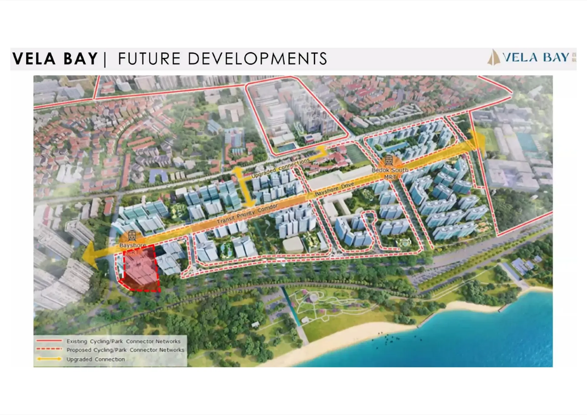 Future developments around Vela Bay including cycling networks, upgraded connections, Bedok South MRT