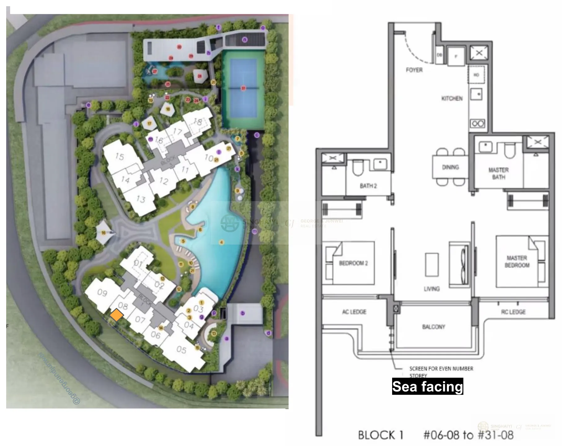 2-Bedroom Premium floor plan — 689 sqft, Block 1 #06-08 to #31-08, sea facing