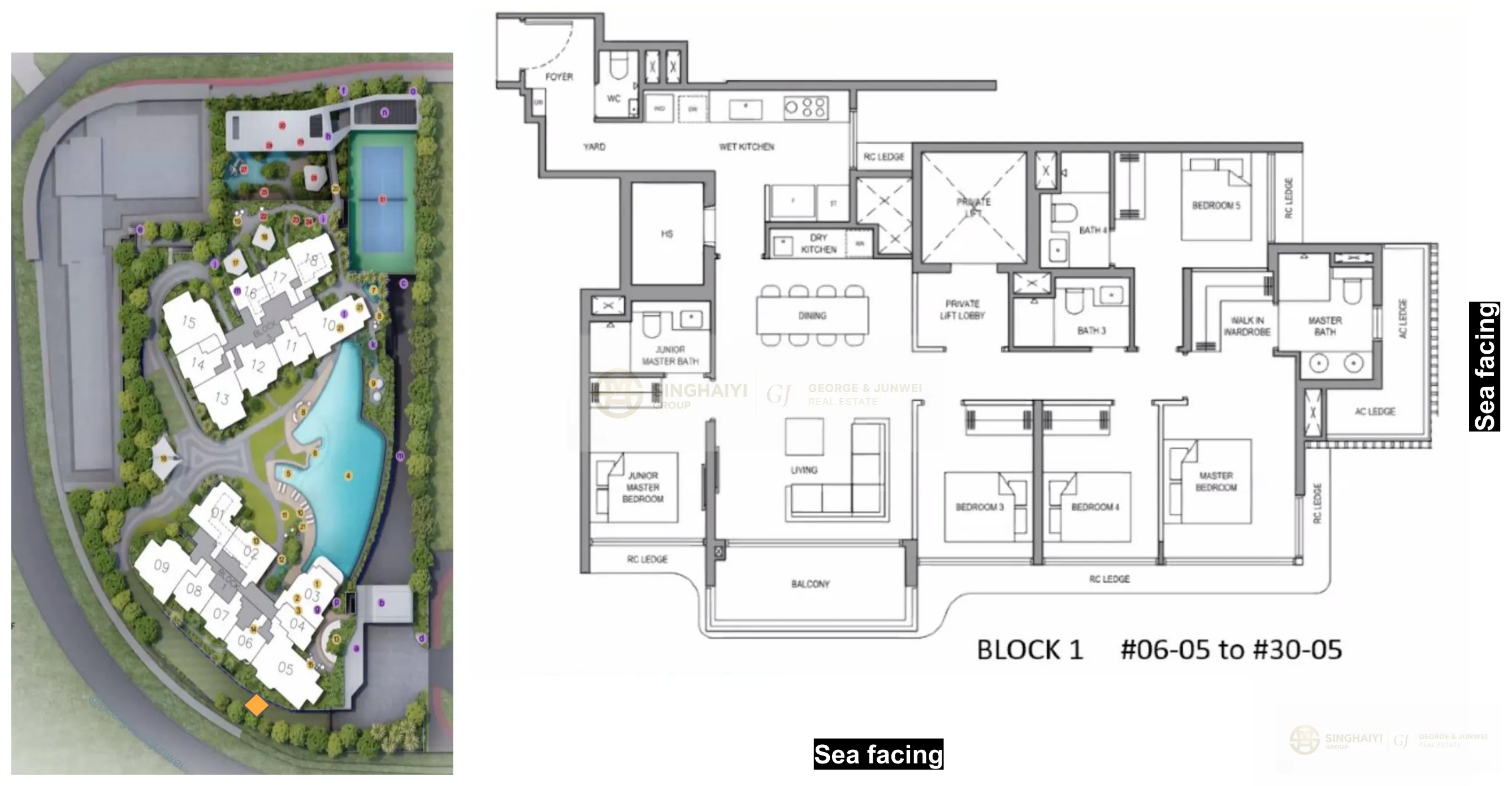 5-Bedroom Premium floor plan — 1,582 sqft, Block 1 #06-05 to #30-05, sea facing