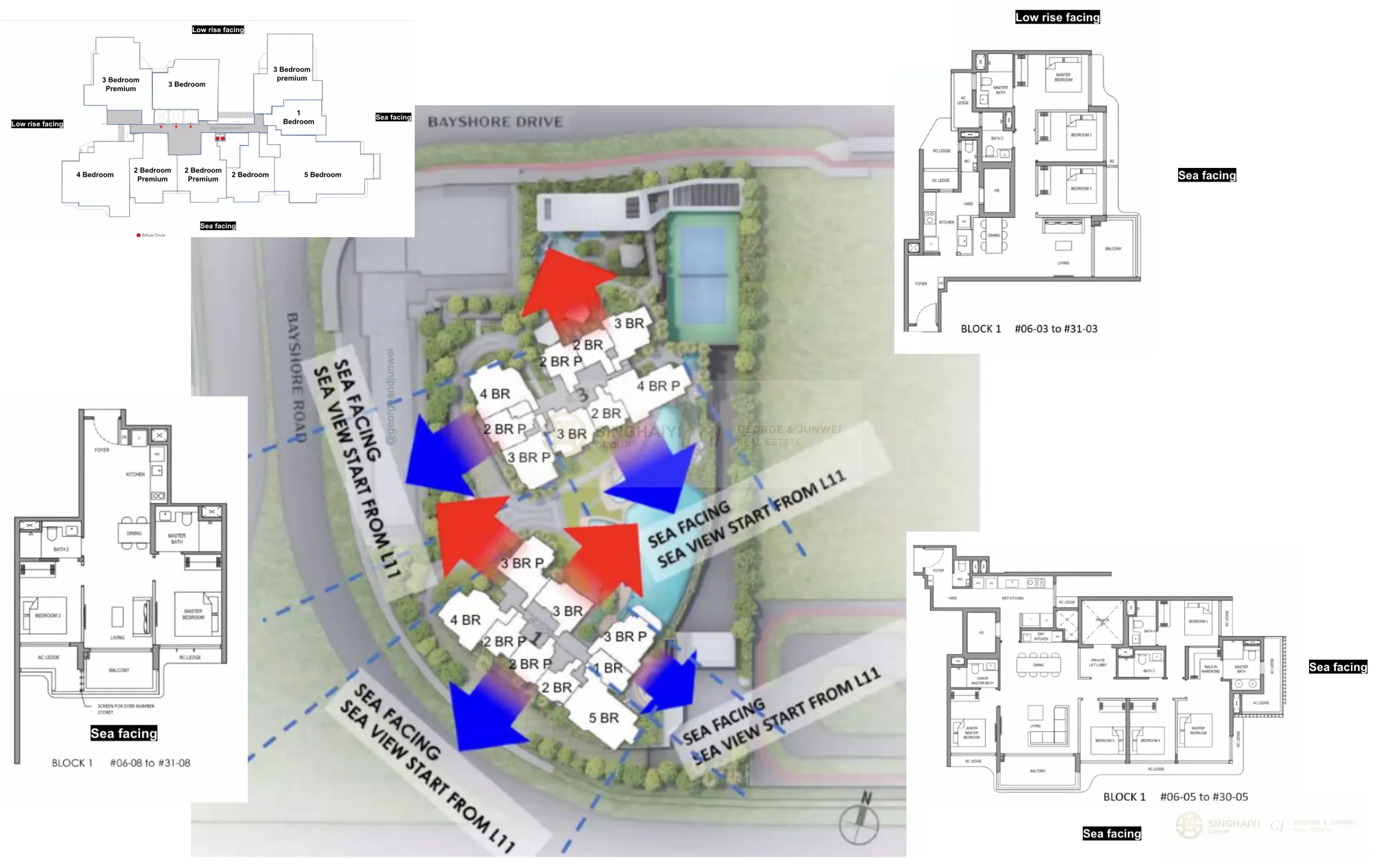 Vela Bay complete floor plan overview with sea facing and low-rise facing view analysis