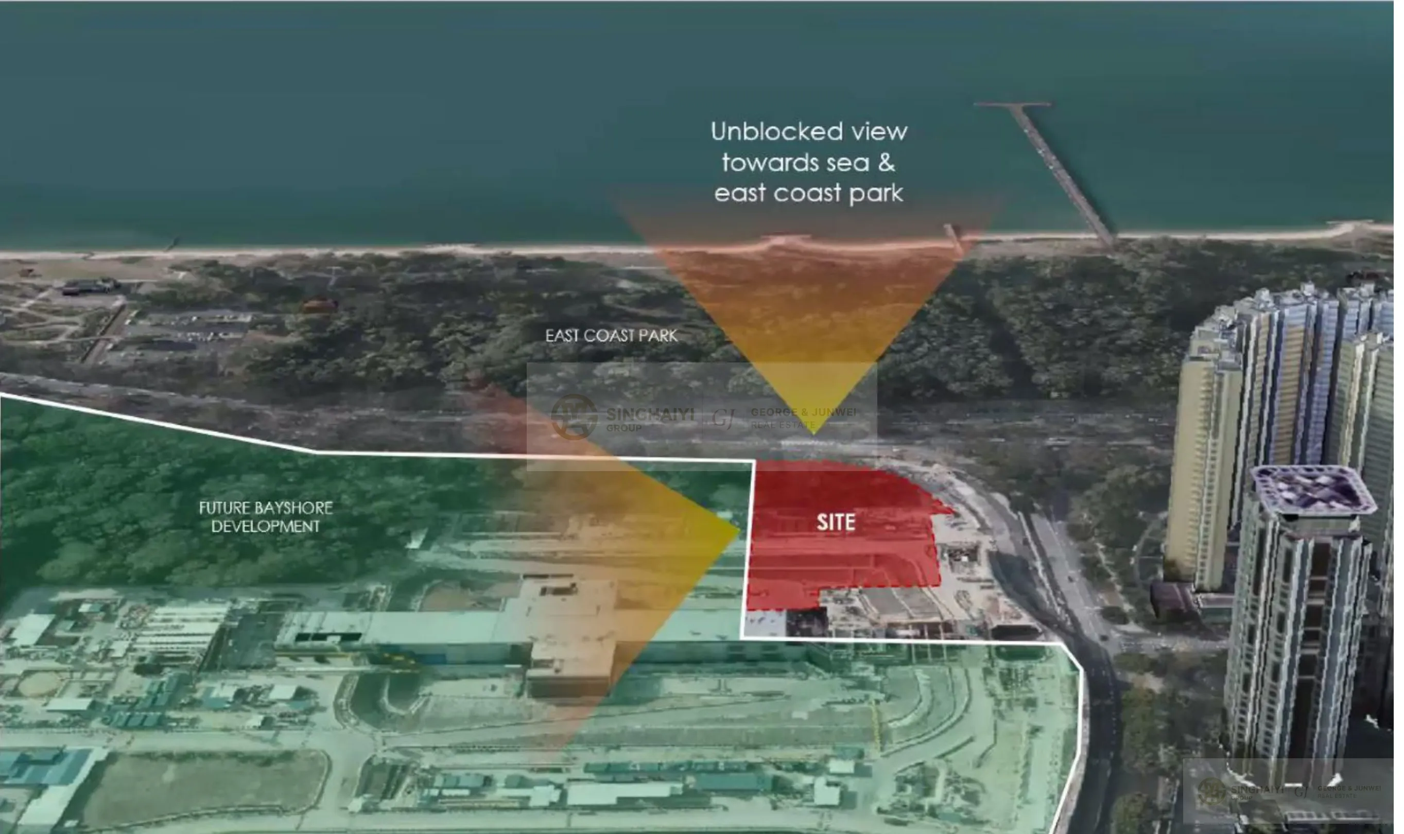 Vela Bay unblocked sea view aerial showing permanent view corridor towards East Coast Park and open sea