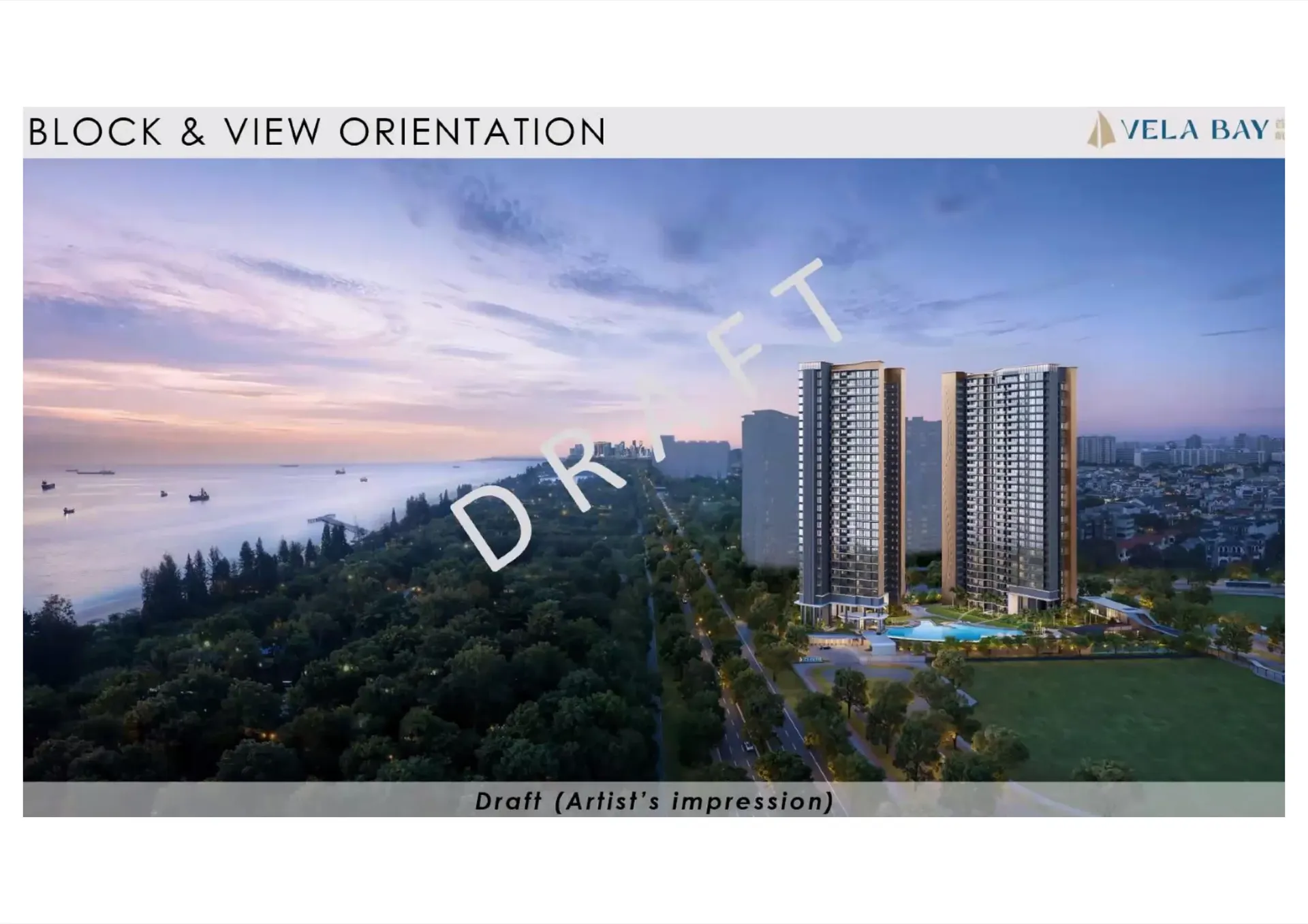 Vela Bay aerial dusk render from architect briefing — two 31-storey towers with East Coast Park