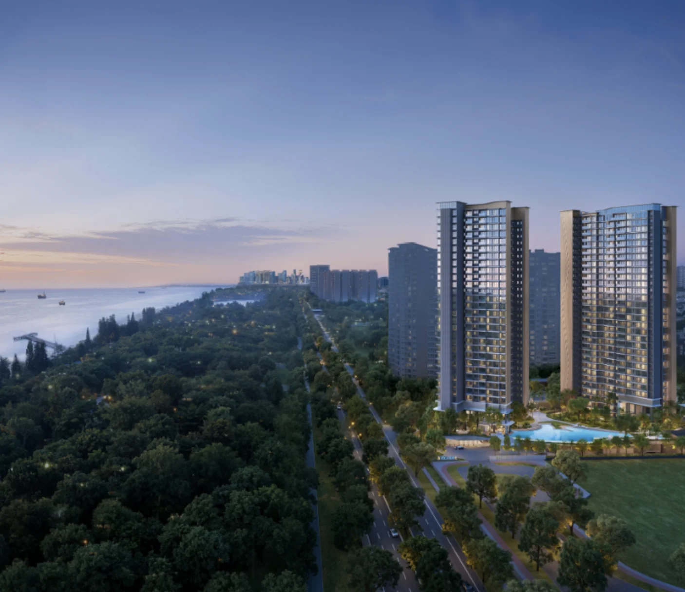 Vela Bay towers illuminated at dusk from aerial perspective