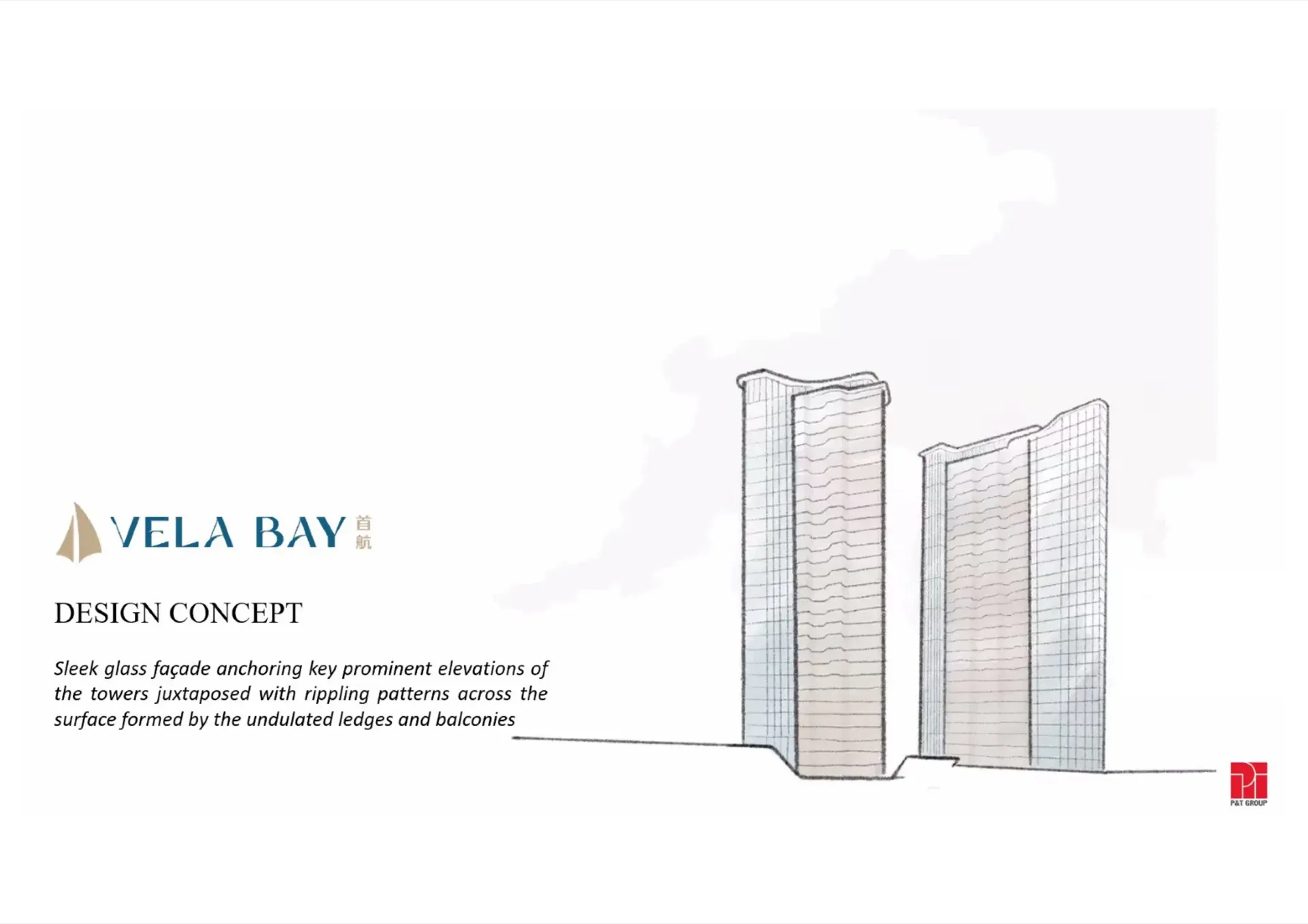 Vela Bay design concept — sleek glass facade with rippling balcony patterns by P&T Group