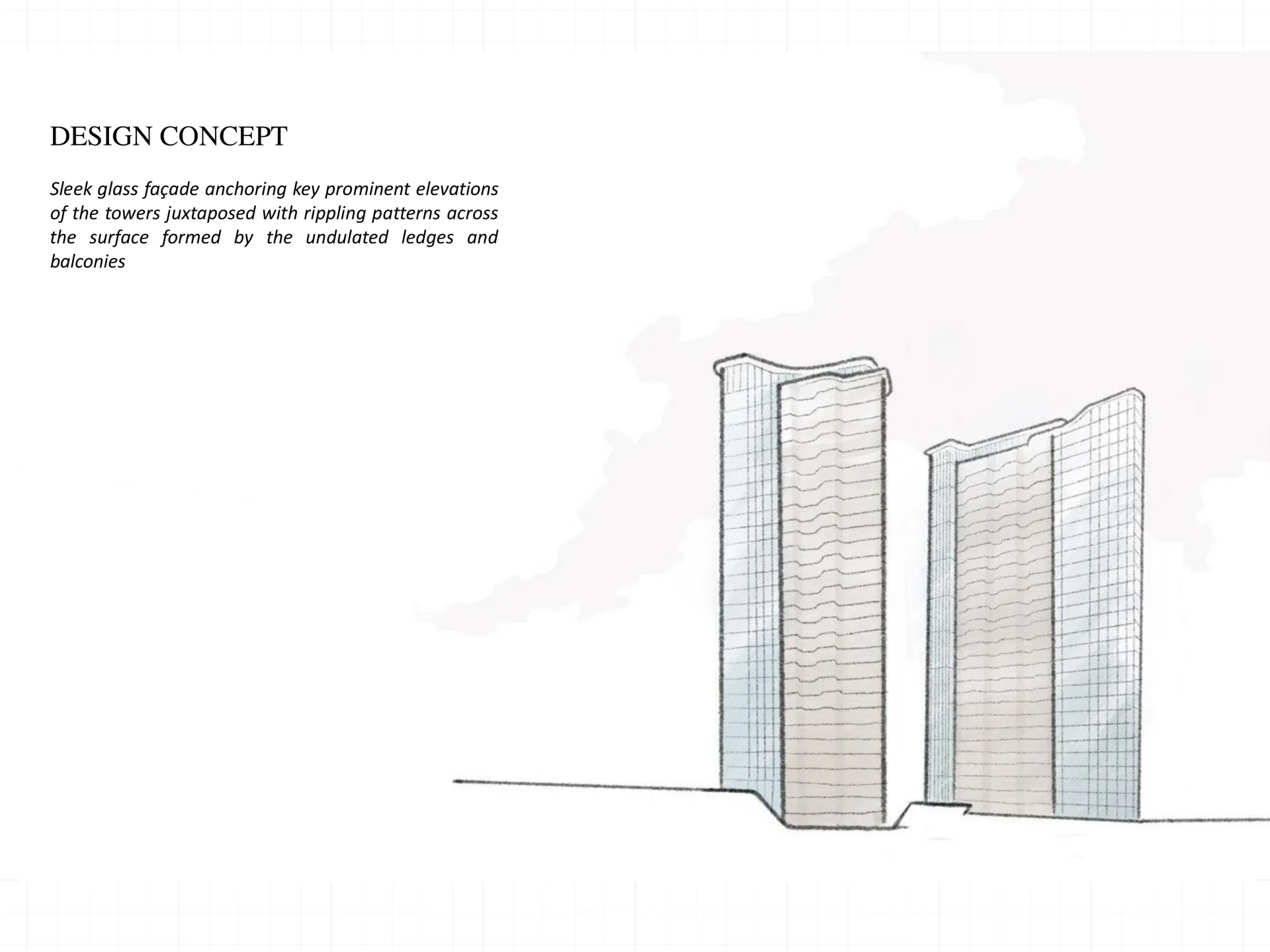 Architectural design concept sketch of Vela Bay towers