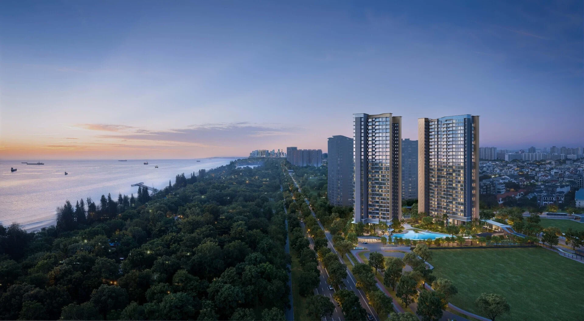 Panoramic dusk view of Vela Bay waterfront residences against the evening sky