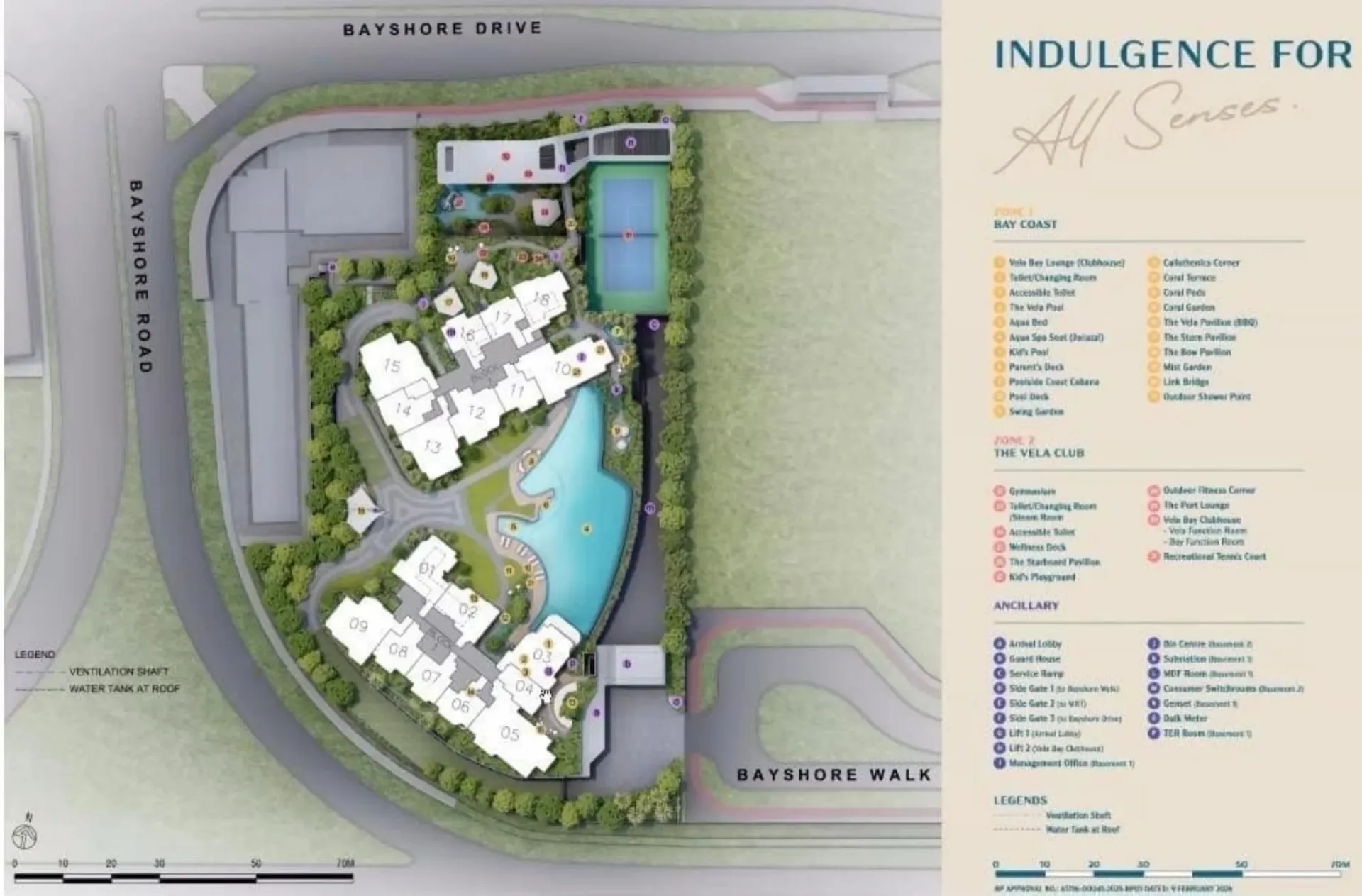 Vela Bay facilities site plan showing Zone 1 Bay Coast and Zone 2 The Vela Club with over 30 facilities